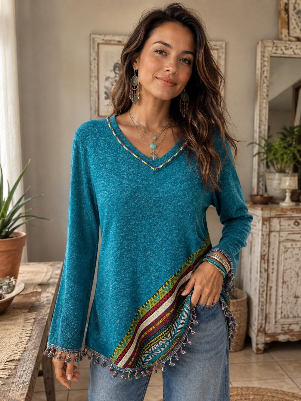 Adore Boho Patchwork Tassel Sweater Women’s Medium Teal V-Neck